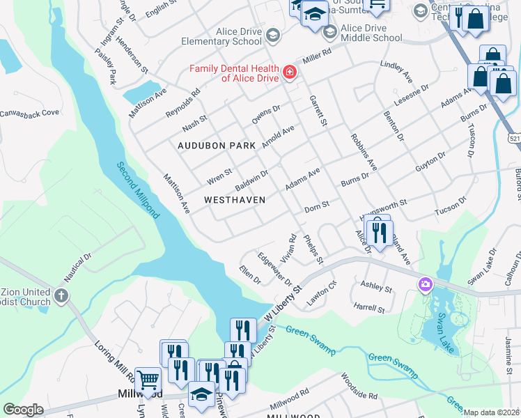 map of restaurants, bars, coffee shops, grocery stores, and more near 516 Adams Avenue in Sumter