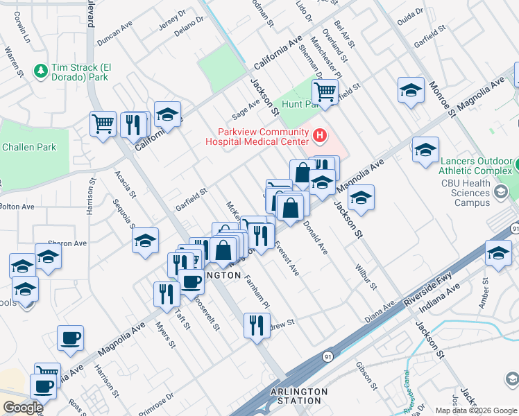 map of restaurants, bars, coffee shops, grocery stores, and more near 3875 Everest Avenue in Riverside