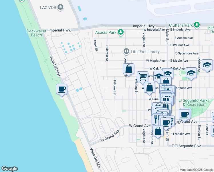 map of restaurants, bars, coffee shops, grocery stores, and more near 727 West Mariposa Avenue in El Segundo