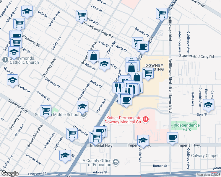 map of restaurants, bars, coffee shops, grocery stores, and more near 12201 Marbel Avenue in Downey
