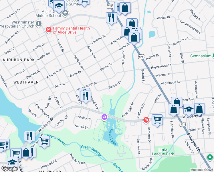 map of restaurants, bars, coffee shops, grocery stores, and more near 30 Tucson Drive in Sumter