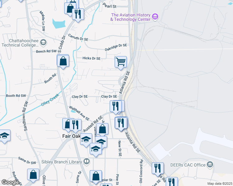 map of restaurants, bars, coffee shops, grocery stores, and more near 1150 D Drive in Marietta
