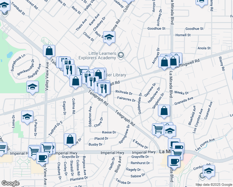 map of restaurants, bars, coffee shops, grocery stores, and more near 14634 Richvale Drive in La Mirada