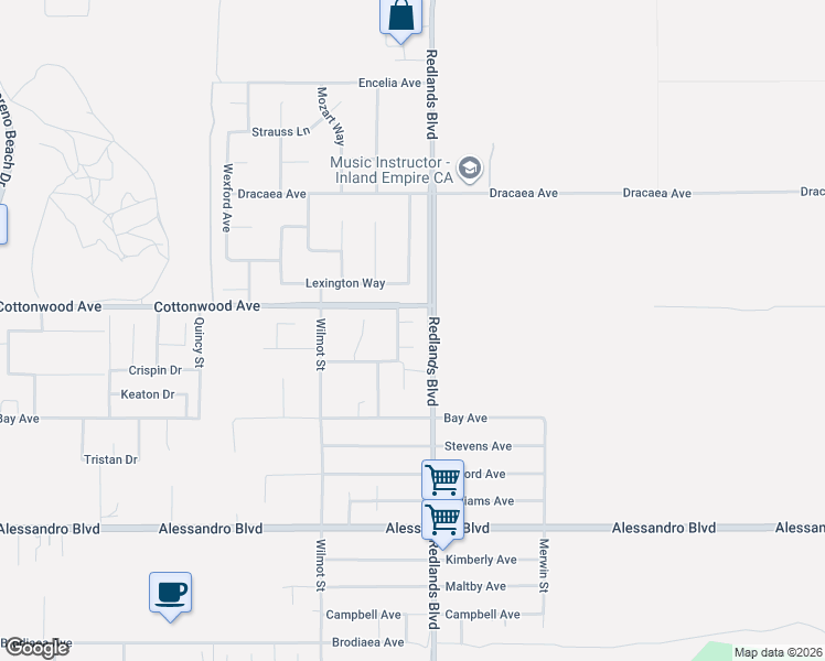 map of restaurants, bars, coffee shops, grocery stores, and more near 28953 Kenda Court in Moreno Valley