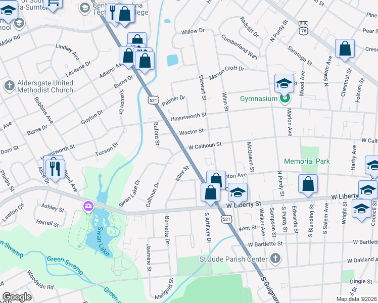 map of restaurants, bars, coffee shops, grocery stores, and more near 544 West Calhoun Street in Sumter