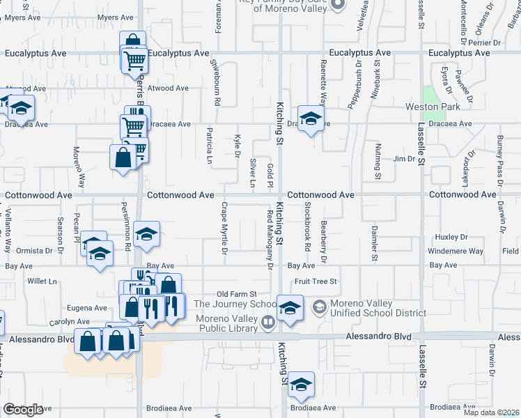 map of restaurants, bars, coffee shops, grocery stores, and more near 13583 Red Mahogany Drive in Moreno Valley
