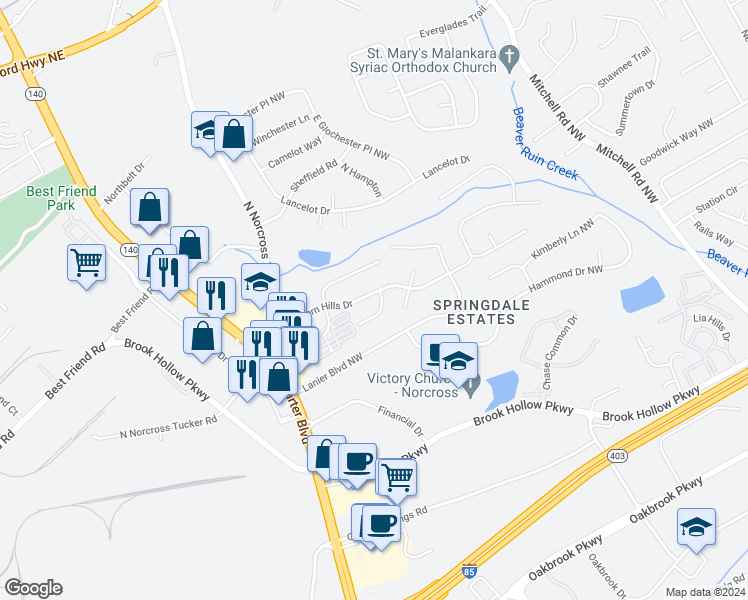 map of restaurants, bars, coffee shops, grocery stores, and more near 5895 Sierra Drive Northwest in Norcross