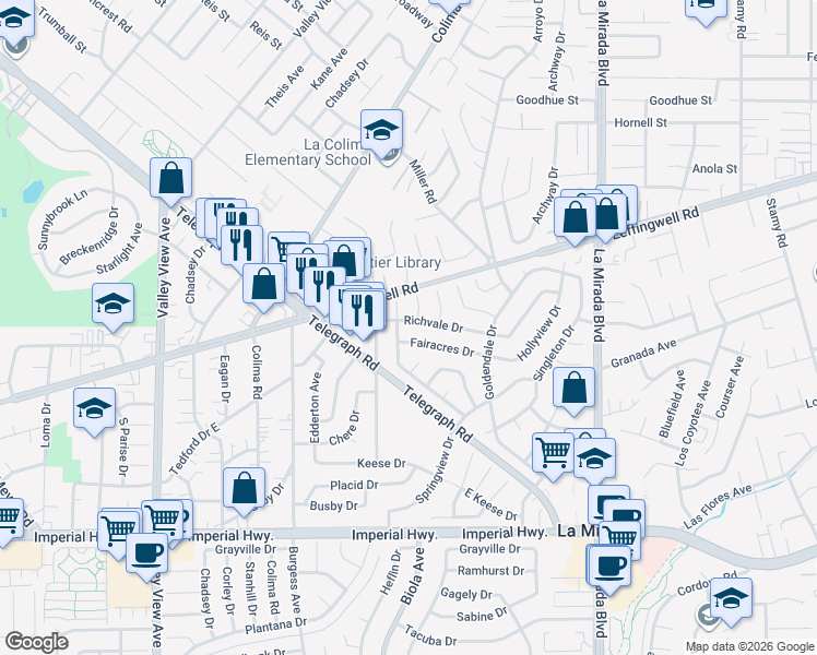 map of restaurants, bars, coffee shops, grocery stores, and more near 14634 Richvale Drive in La Mirada