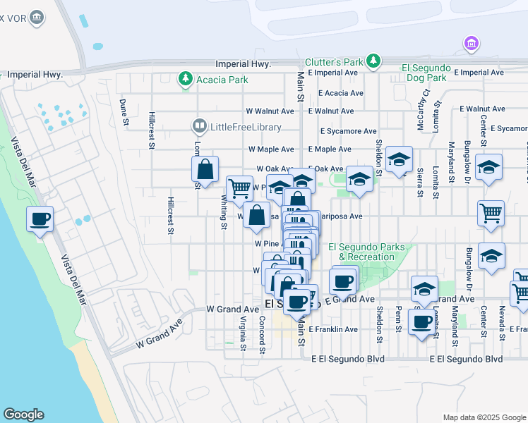 map of restaurants, bars, coffee shops, grocery stores, and more near 219 West Mariposa Avenue in El Segundo