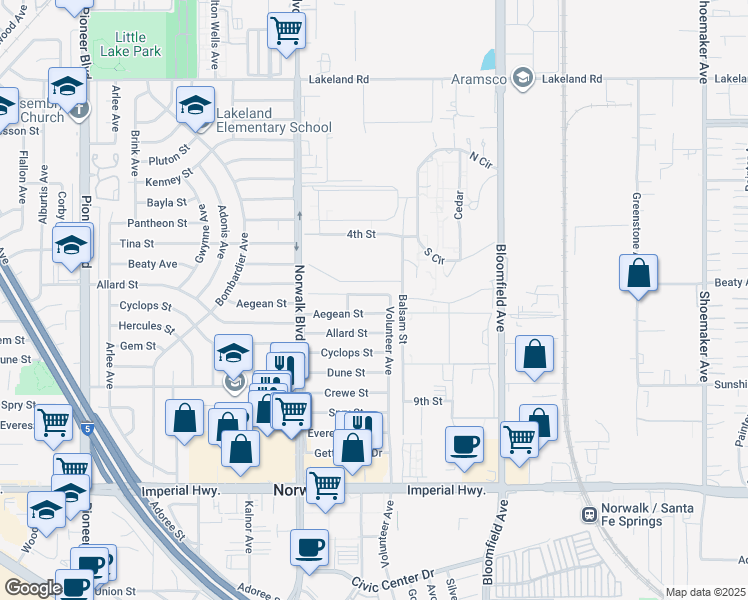 map of restaurants, bars, coffee shops, grocery stores, and more near 12330 Beaty Avenue in Norwalk