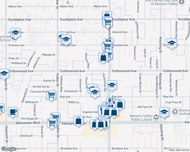 map of restaurants, bars, coffee shops, grocery stores, and more near 24867 Bower Street in Moreno Valley