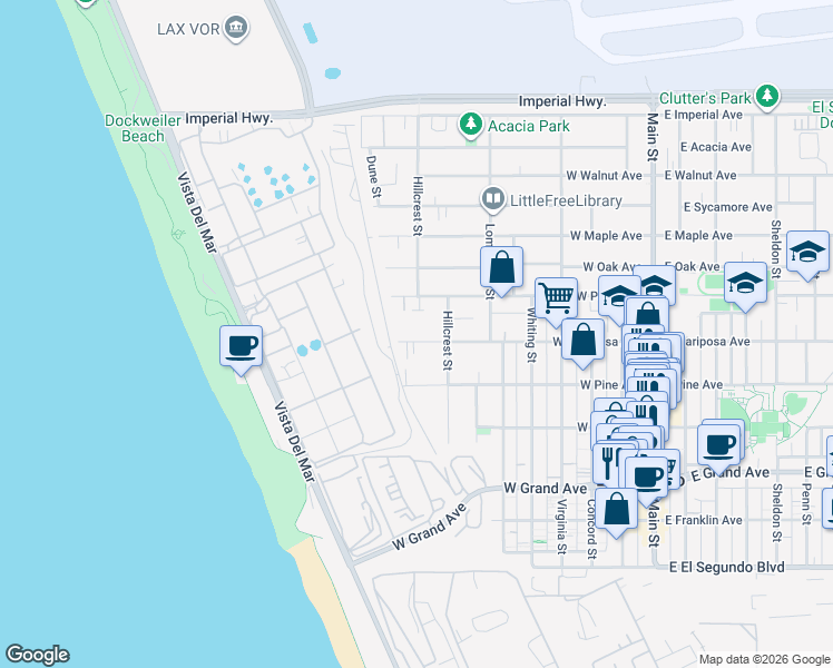map of restaurants, bars, coffee shops, grocery stores, and more near 727 West Mariposa Avenue in El Segundo