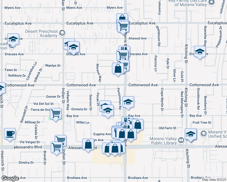 map of restaurants, bars, coffee shops, grocery stores, and more near 24913 Bower Street in Moreno Valley