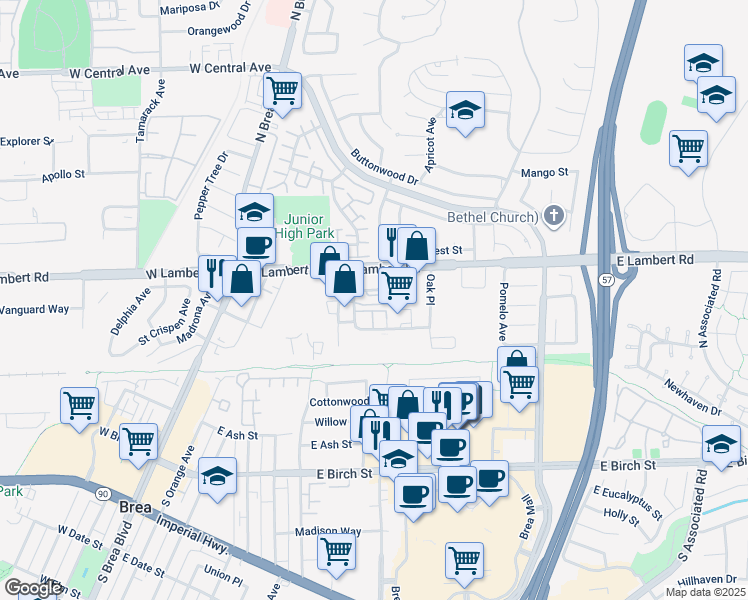 map of restaurants, bars, coffee shops, grocery stores, and more near 386 Cliffwood Park Street in Brea