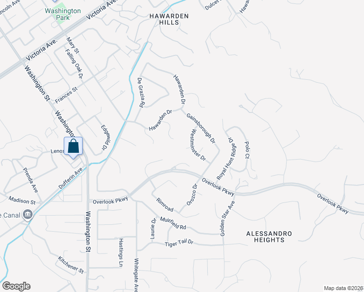 map of restaurants, bars, coffee shops, grocery stores, and more near 2110 Hathaway Place in Riverside