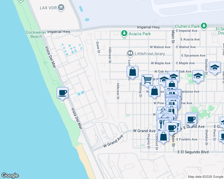 map of restaurants, bars, coffee shops, grocery stores, and more near 727 West Mariposa Avenue in El Segundo