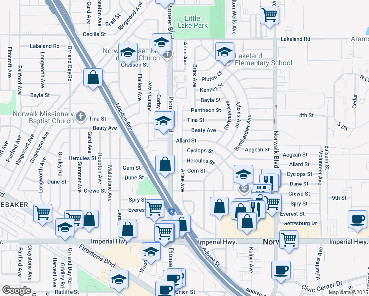 map of restaurants, bars, coffee shops, grocery stores, and more near 11816 Arlee Avenue in Norwalk