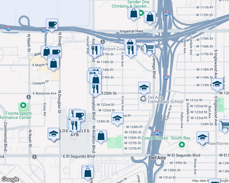 map of restaurants, bars, coffee shops, grocery stores, and more near 5431 West 120th Street in Inglewood