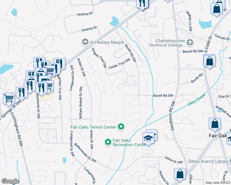 map of restaurants, bars, coffee shops, grocery stores, and more near 1166 Booth Road in Marietta