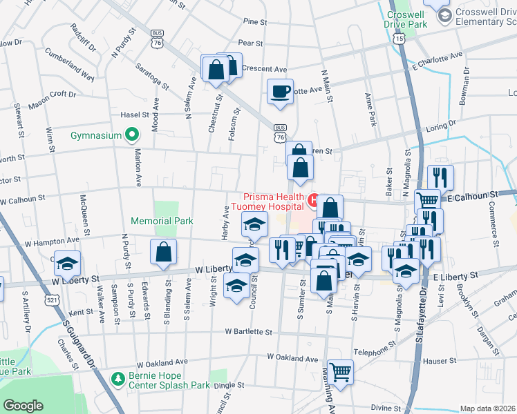 map of restaurants, bars, coffee shops, grocery stores, and more near 129 Church Street in Sumter
