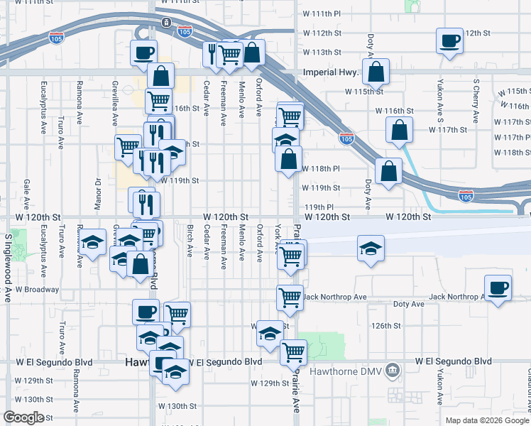 map of restaurants, bars, coffee shops, grocery stores, and more near 11992 Oxford Avenue in Hawthorne