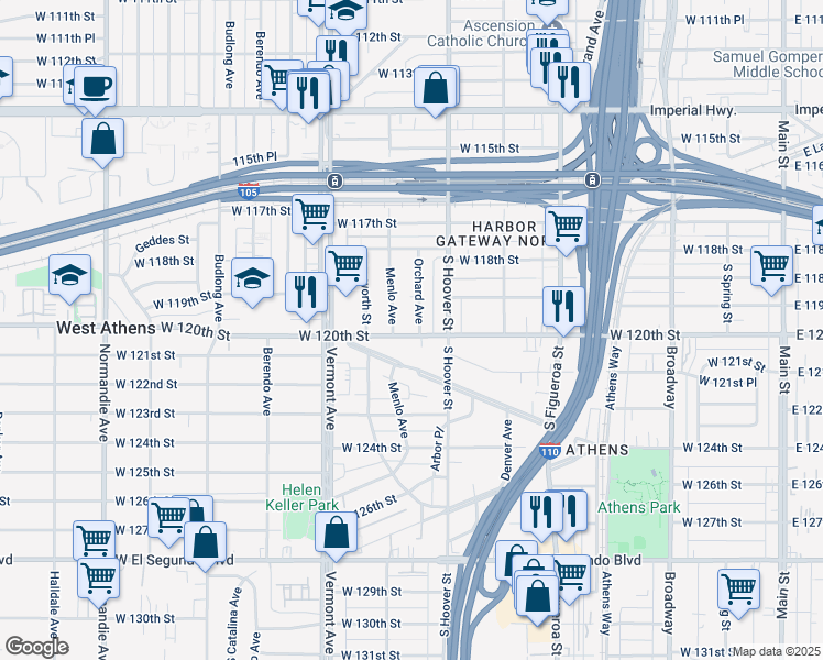 map of restaurants, bars, coffee shops, grocery stores, and more near 735 West 120th Street in Los Angeles