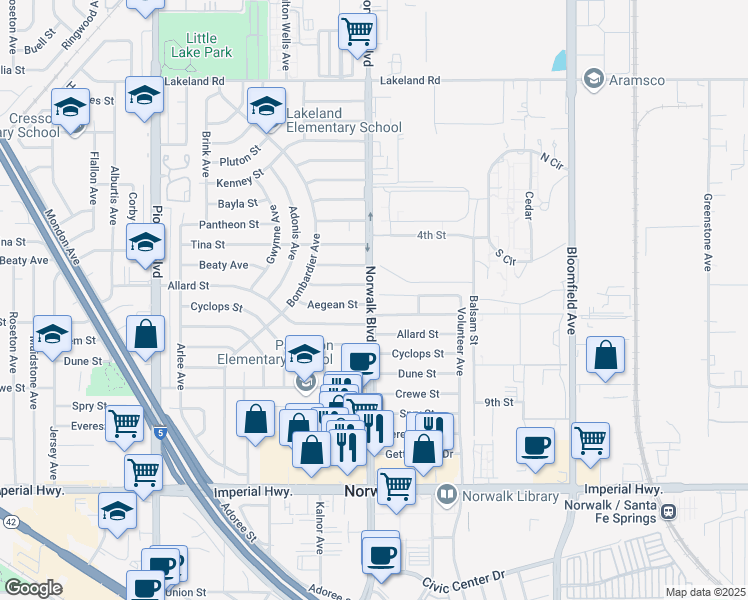 map of restaurants, bars, coffee shops, grocery stores, and more near 11820 Norwalk Boulevard in Norwalk
