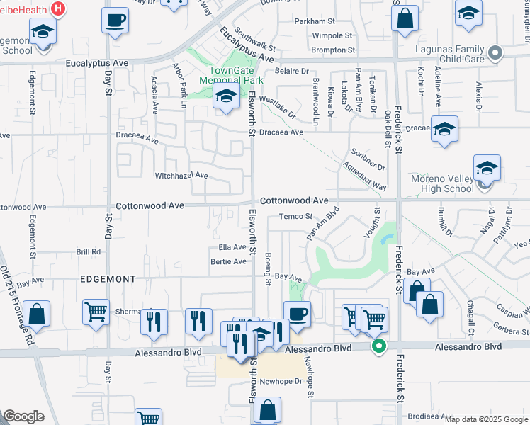 map of restaurants, bars, coffee shops, grocery stores, and more near 22538 Temco Street in Moreno Valley