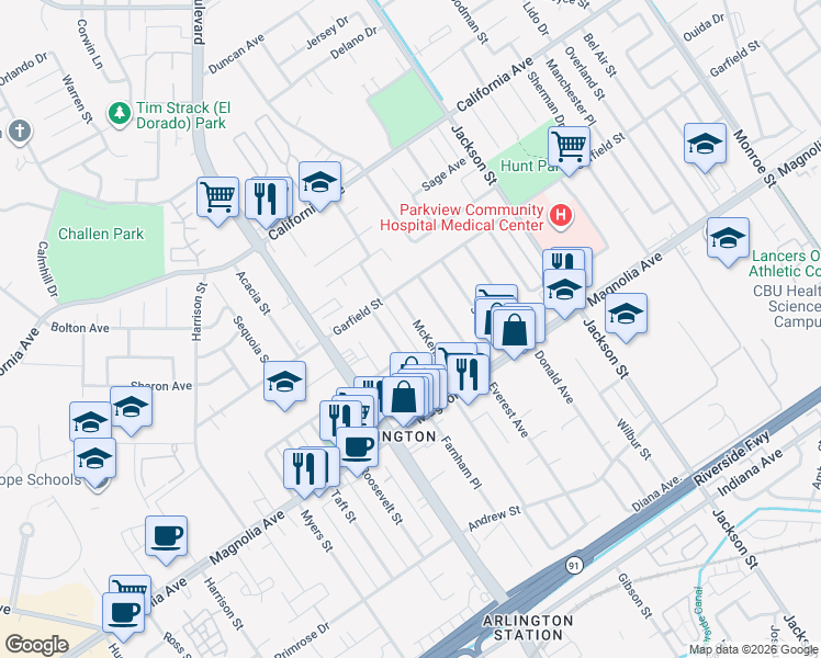 map of restaurants, bars, coffee shops, grocery stores, and more near 3934 McKenzie Street in Riverside