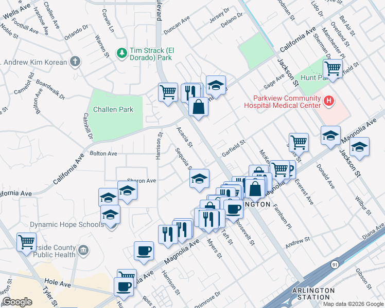 map of restaurants, bars, coffee shops, grocery stores, and more near 4090 Acacia Street in Riverside