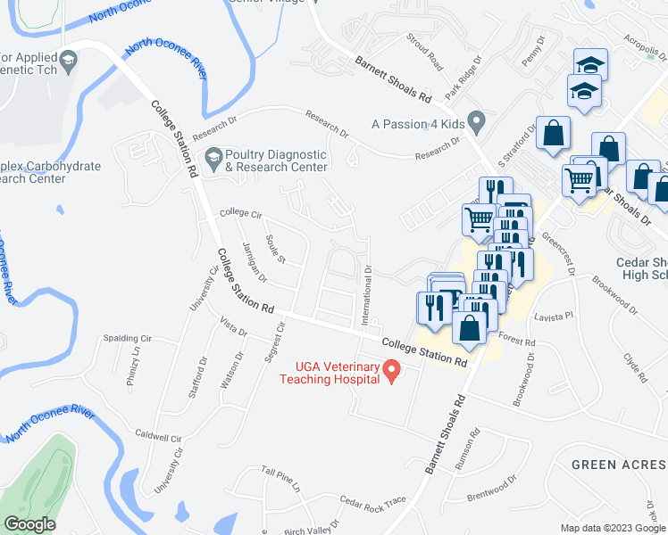 map of restaurants, bars, coffee shops, grocery stores, and more near 10 Mark Twain Circle in Athens