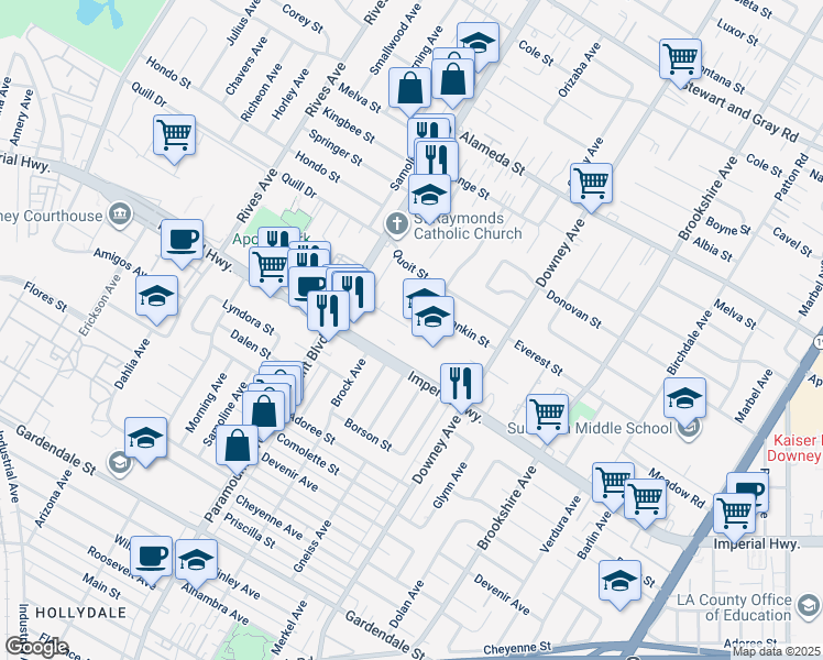 map of restaurants, bars, coffee shops, grocery stores, and more near 8115 Imperial Highway in Downey