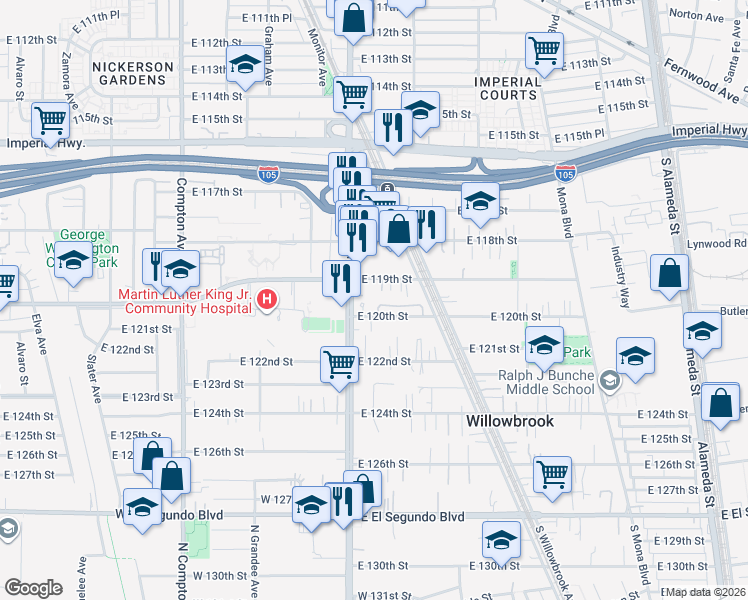 map of restaurants, bars, coffee shops, grocery stores, and more near 2011 East 120th Street in Los Angeles