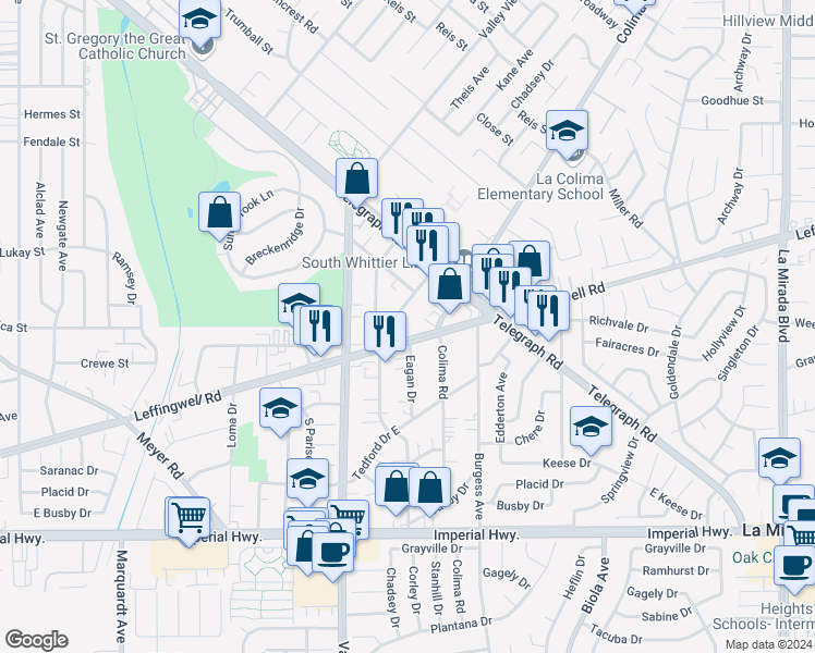 map of restaurants, bars, coffee shops, grocery stores, and more near 14335 Leffingwell Road in Whittier