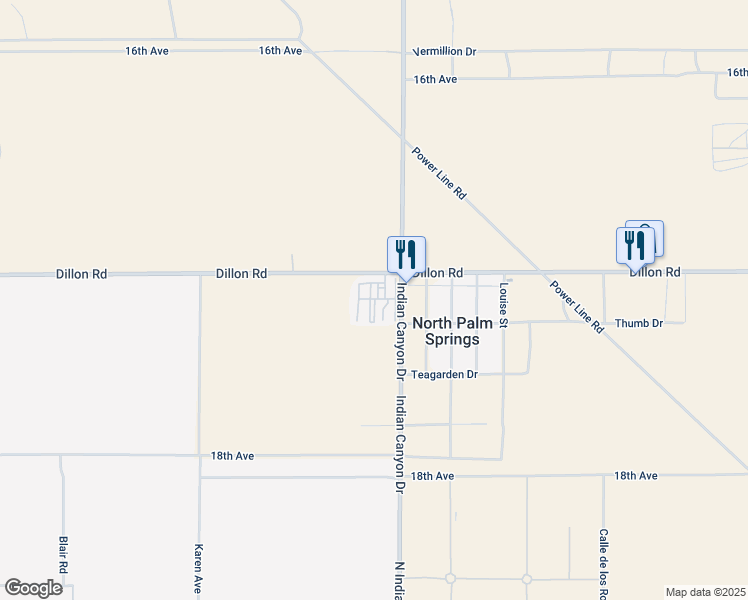 map of restaurants, bars, coffee shops, grocery stores, and more near 17069 North Indian Canyon Drive in North Palm Springs