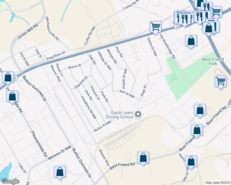 map of restaurants, bars, coffee shops, grocery stores, and more near 5843 Hillside Drive Northwest in Doraville
