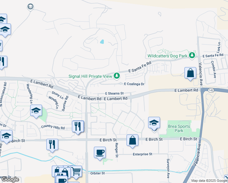 map of restaurants, bars, coffee shops, grocery stores, and more near 2831 East Stearns Street in Brea