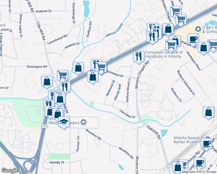 map of restaurants, bars, coffee shops, grocery stores, and more near 4394 Redwood Street in Atlanta