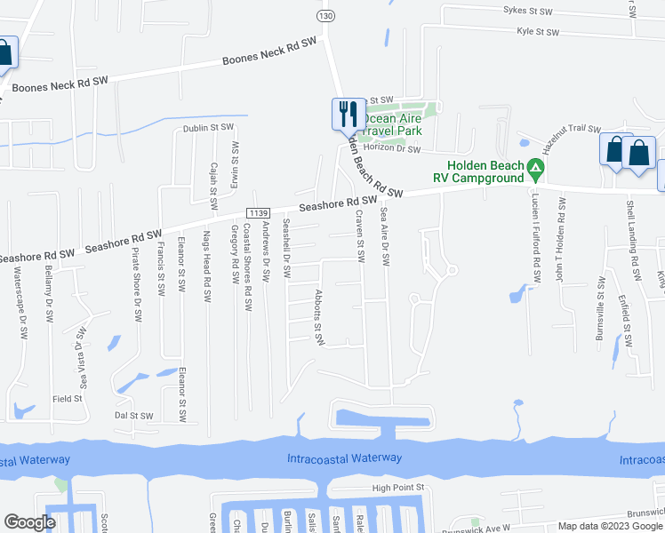 map of restaurants, bars, coffee shops, grocery stores, and more near 1883 Muriel Street Southwest in Brunswick County