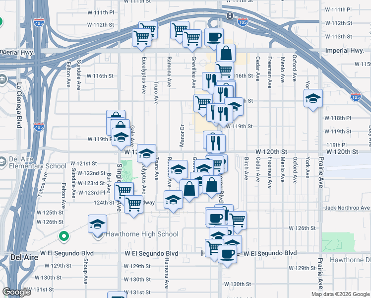 map of restaurants, bars, coffee shops, grocery stores, and more near 4537 West 120th Street in Hawthorne