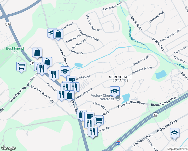 map of restaurants, bars, coffee shops, grocery stores, and more near 5895 Sierra Drive Northwest in Norcross