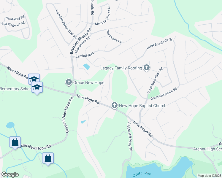 map of restaurants, bars, coffee shops, grocery stores, and more near 1193 Ida Woods Lane Southeast in Lawrenceville