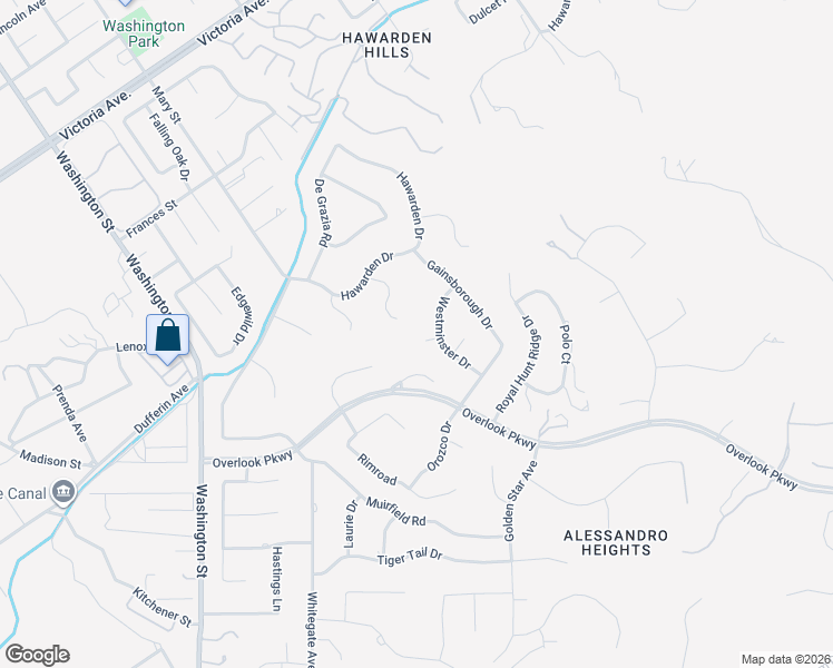 map of restaurants, bars, coffee shops, grocery stores, and more near 2110 Hathaway Place in Riverside