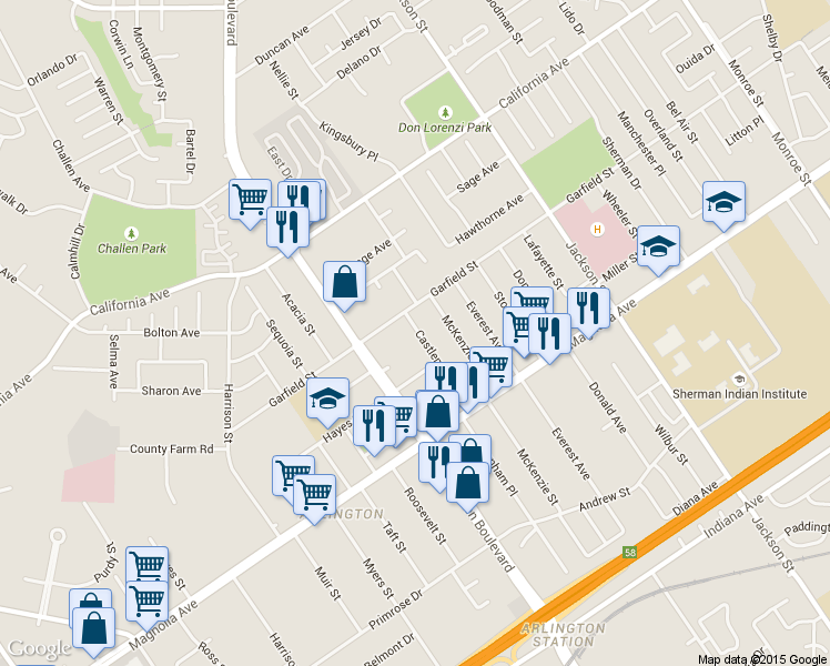 map of restaurants, bars, coffee shops, grocery stores, and more near 3960 Castleman Street in Riverside
