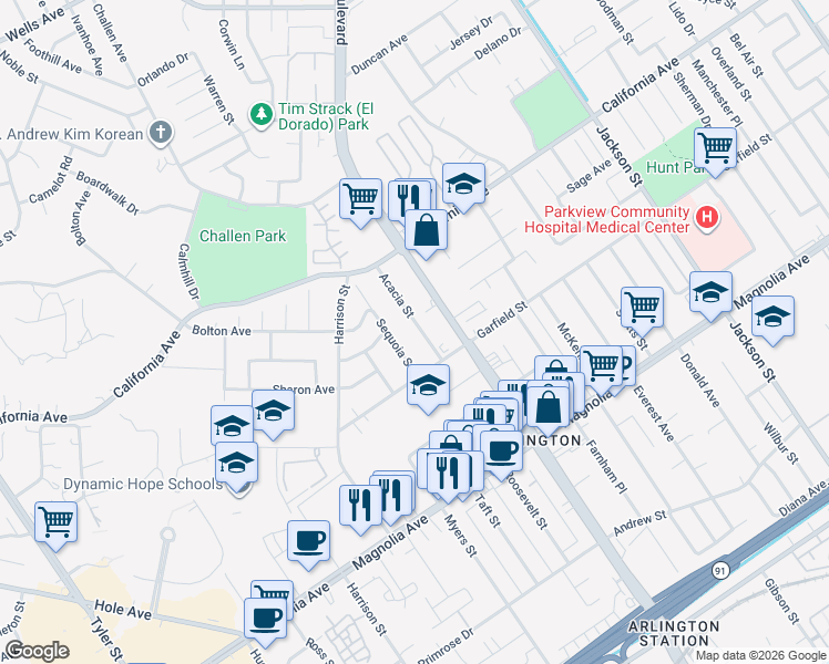 map of restaurants, bars, coffee shops, grocery stores, and more near 4090 Acacia Street in Riverside