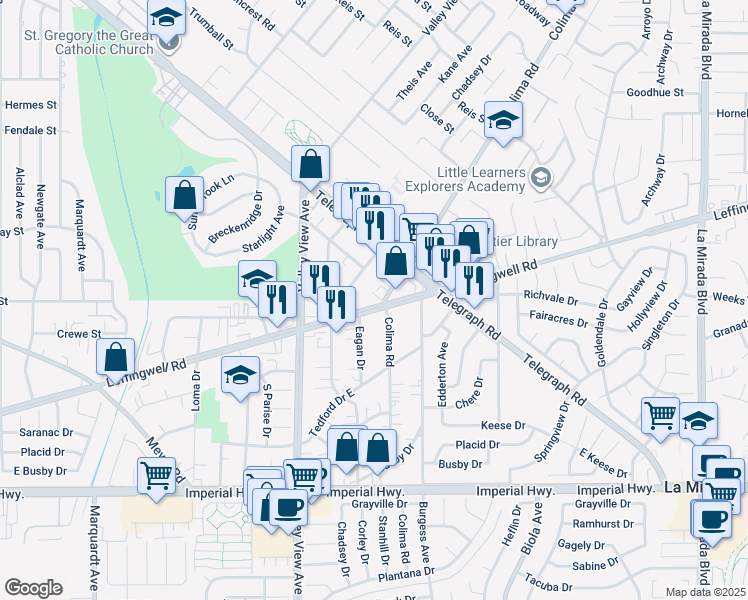 map of restaurants, bars, coffee shops, grocery stores, and more near 11751 Colima Road in Whittier
