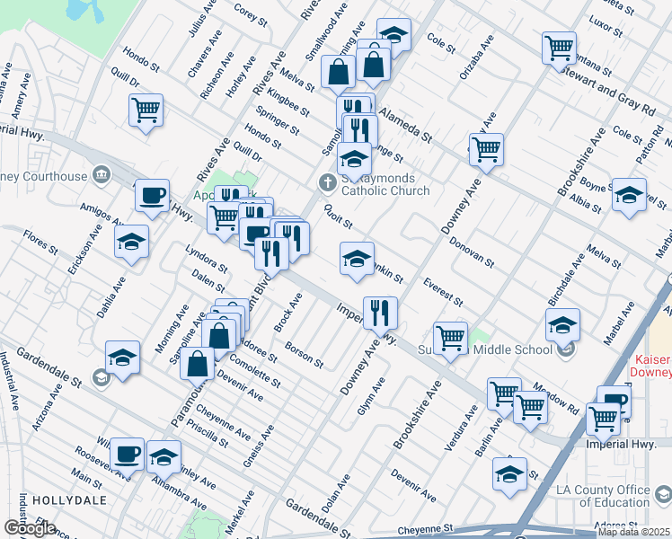 map of restaurants, bars, coffee shops, grocery stores, and more near 8118 Leeds Street in Downey