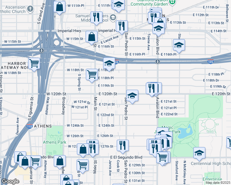 map of restaurants, bars, coffee shops, grocery stores, and more near 235 East 120th Street in Los Angeles