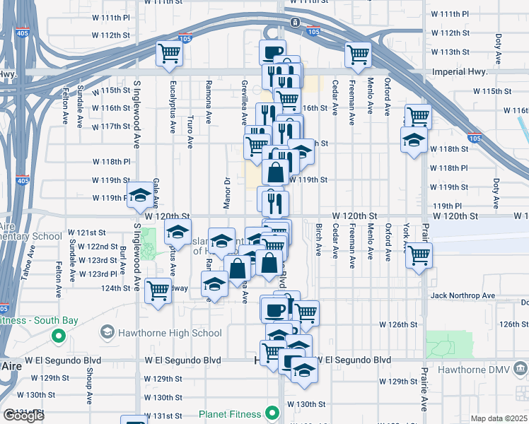 map of restaurants, bars, coffee shops, grocery stores, and more near 11983 Hawthorne Boulevard in Hawthorne
