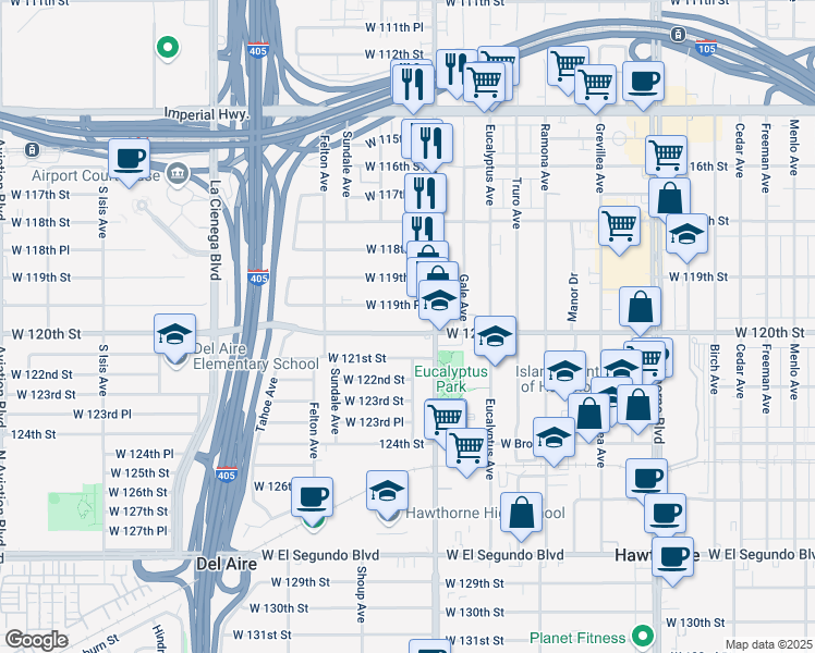map of restaurants, bars, coffee shops, grocery stores, and more near in Hawthorne